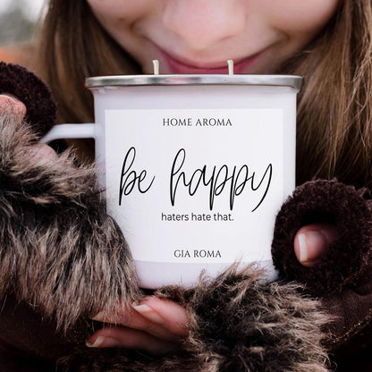 16oz Candle Mug Gia Roma with white ceramic body, metal lid, dual wicks, and 'be happy' label on Tampa Home & Garden Store