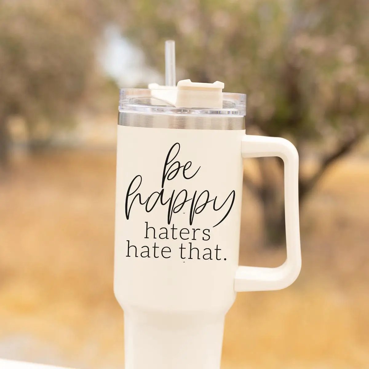 Be Happy 40oz Insulated Mug with Handle and Straw