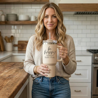 Be Happy 40oz Insulated Mug with Handle and Straw