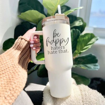 Be Happy 40oz Insulated Mug with Handle and Straw