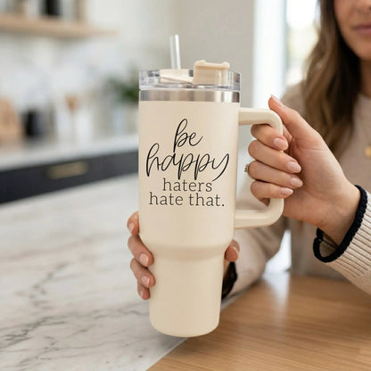 Be Happy 40oz Insulated Mug with Handle and Straw
