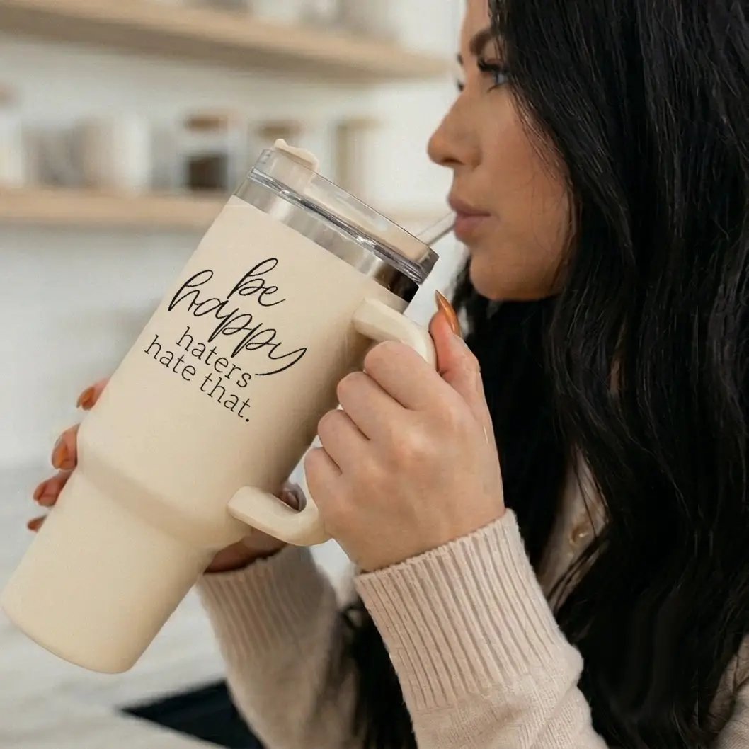 Be Happy 40oz Insulated Mug with Handle and Straw