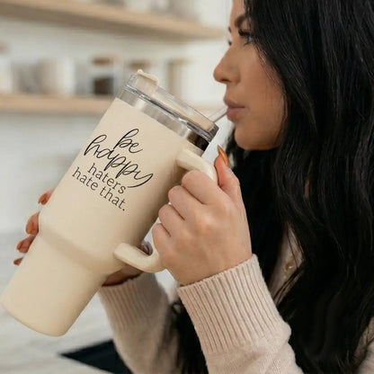 Be Happy 40oz Insulated Mug with Handle and Straw