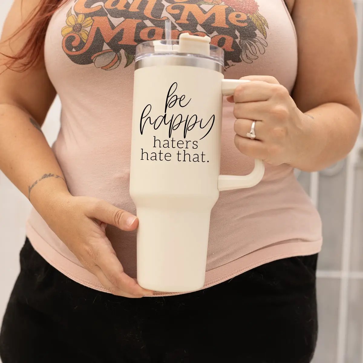 Be Happy 40oz Insulated Mug with Handle and Straw