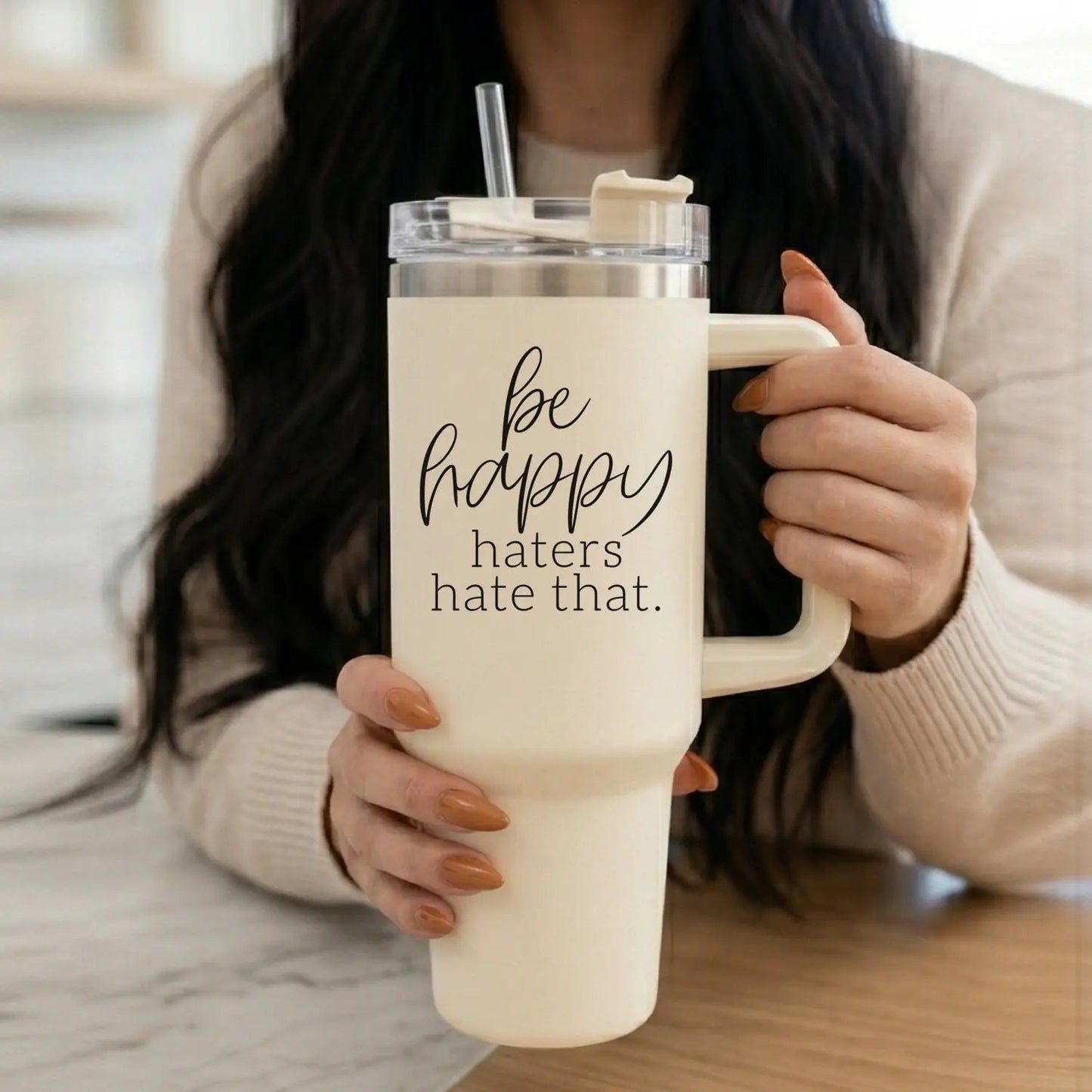 Be Happy 40oz Insulated Mug with Handle and Straw