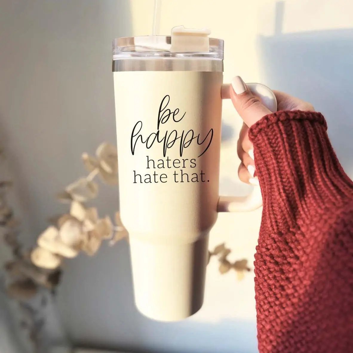 Be Happy 40oz Insulated Mug with Handle and Straw