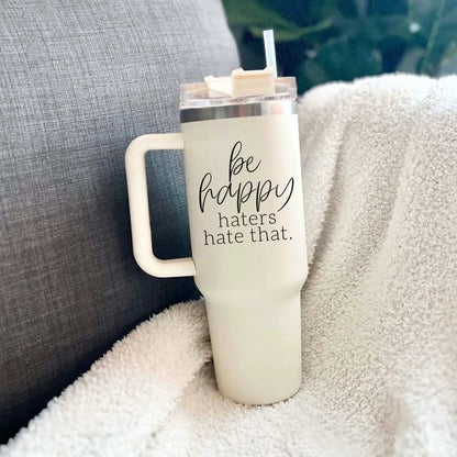 Be Happy 40oz Insulated Mug with Handle and Straw