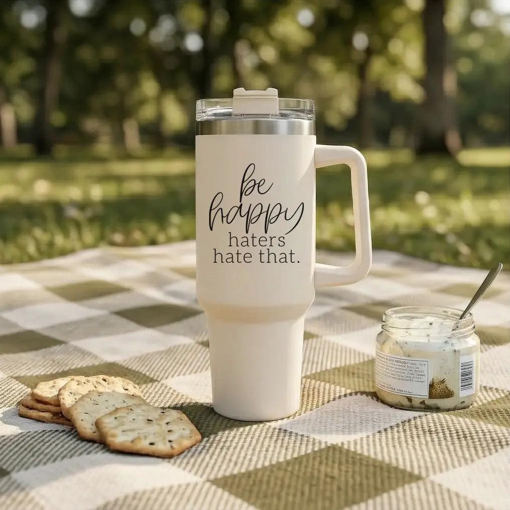 Be Happy 40oz Insulated Mug with Handle and Straw