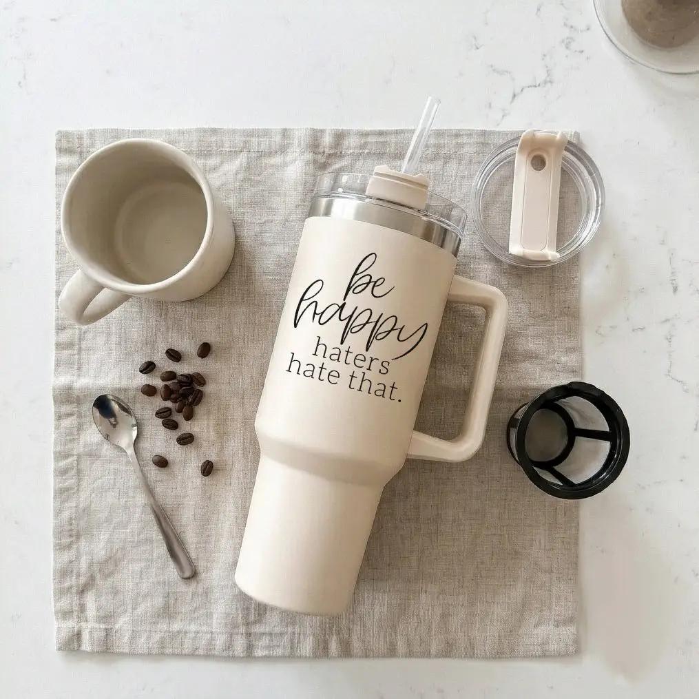 Be Happy 40oz Insulated Mug with Handle and Straw