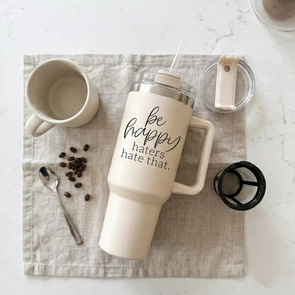 Be Happy 40oz Insulated Mug with Handle and Straw