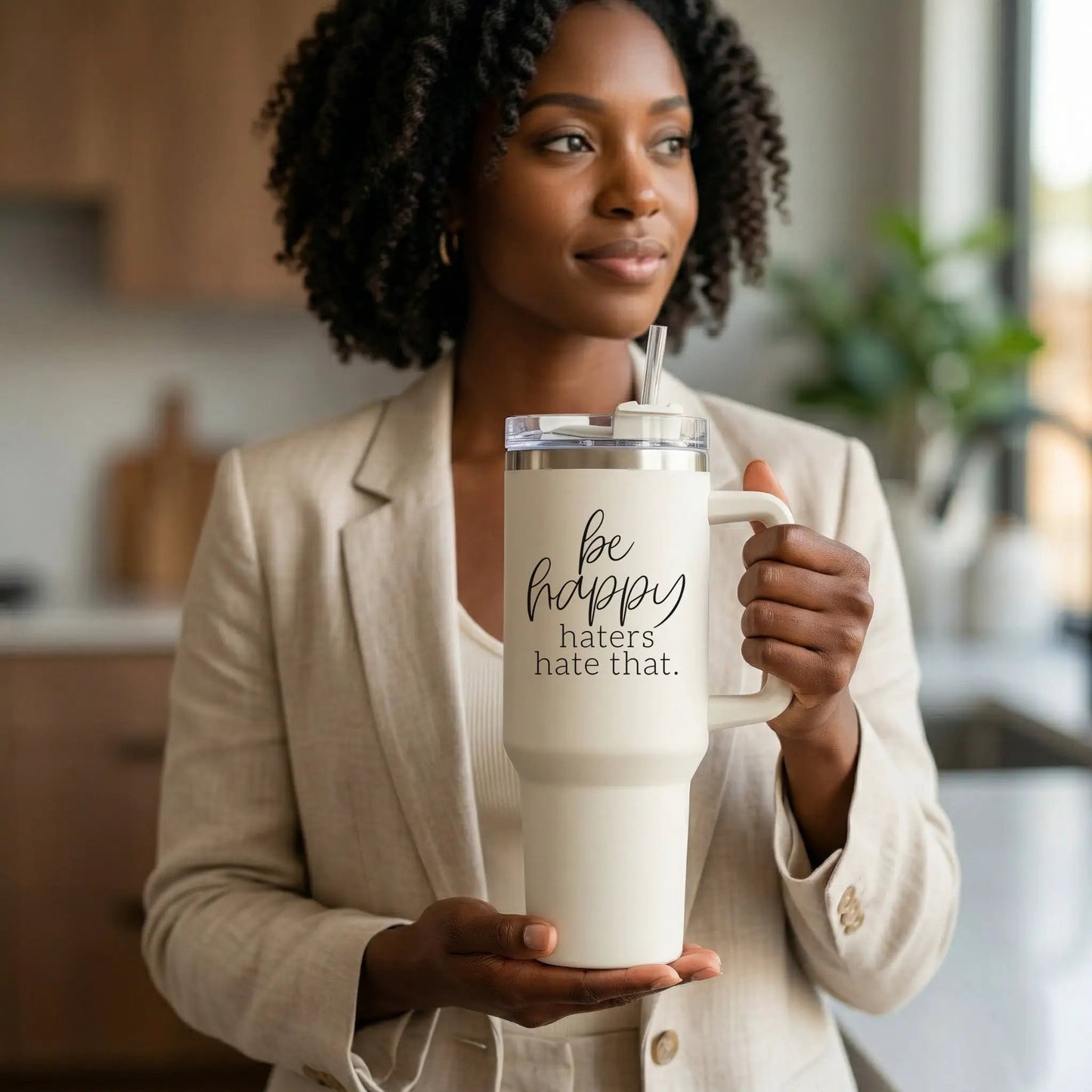 Be Happy 40oz Insulated Mug with Handle and Straw