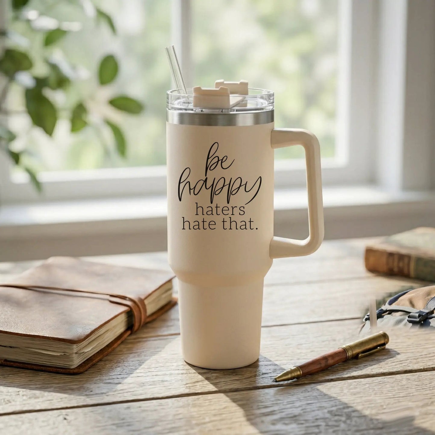 Be Happy 40oz Insulated Mug with Handle and Straw