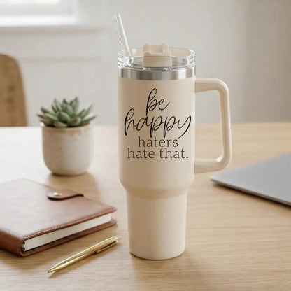 Be Happy 40oz Insulated Mug with Handle and Straw