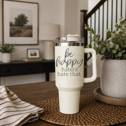 Be Happy 40oz Insulated Mug with Handle and Straw