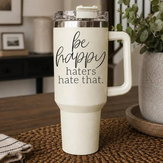 Be Happy 40oz travel mug by Gia Roma; cream tumbler with white handle and clear lid on Tampa Home & Garden Store