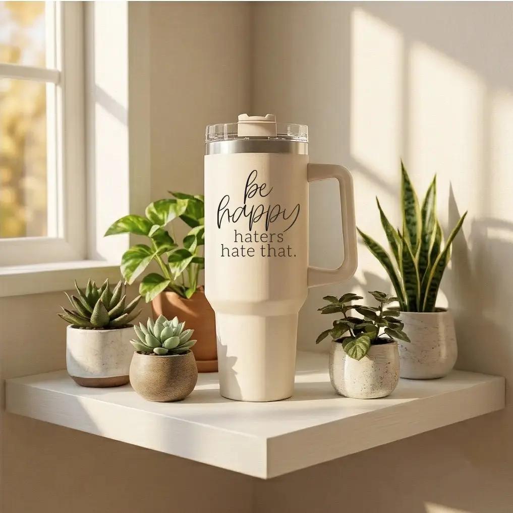 Be Happy 40oz Insulated Mug with Handle and Straw