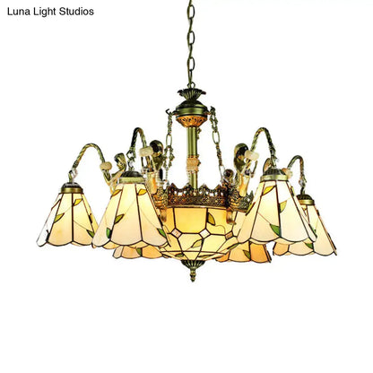 Brass Tiffany Chandelier with amber stained glass shades and chain on Tampa Home & Garden Store