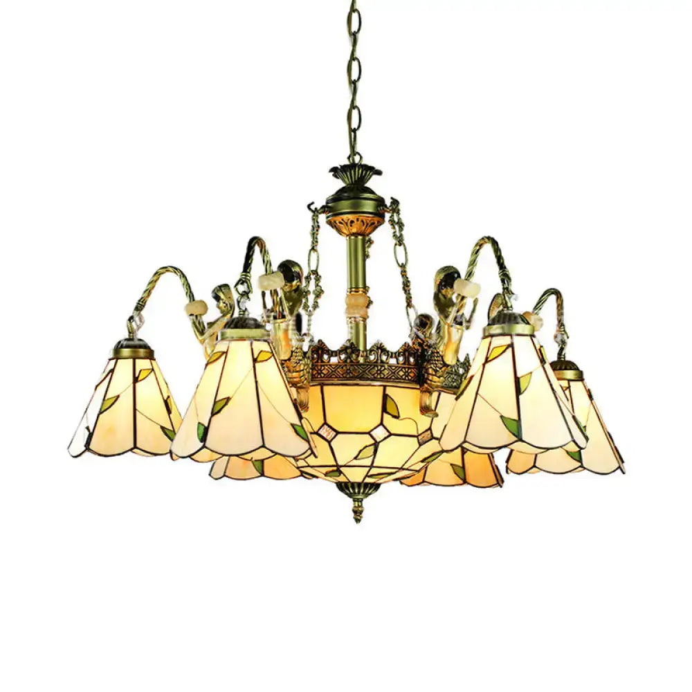 Brass Tiffany Chandelier 8-light stained-glass with amber cream panels by Decorbites on Tampa Home & Garden Store