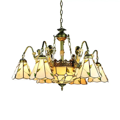 Brass Tiffany Chandelier 8-light stained-glass with amber cream panels by Decorbites on Tampa Home & Garden Store