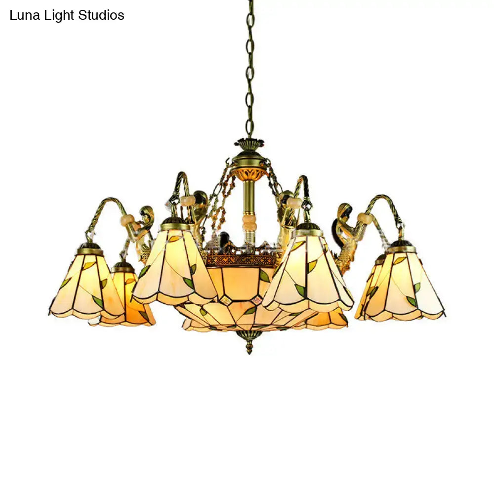 Brass Tiffany Chandelier by Decorbites with amber stained-glass shades and ornate metalwork on Tampa Home & Garden Store