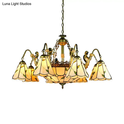 Brass Tiffany Chandelier by Decorbites with amber stained-glass shades and ornate metalwork on Tampa Home & Garden Store