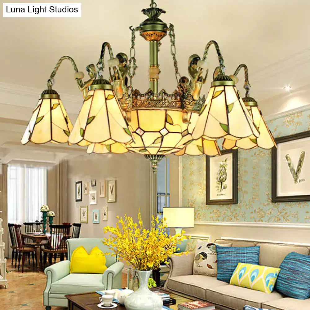 Brass Tiffany Chandelier with Tiffany-style glass shades and ornate brass frame by Decorbites on Tampa Home & Garden Store