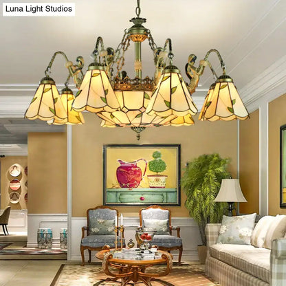 Brass Tiffany Chandelier Decorbites with stained glass cream/green shades and brass arms on Tampa Home & Garden Store