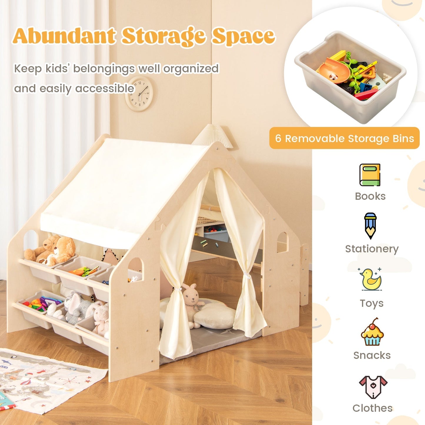 GemGear 6-in-1 Kids Play Tent with beige wooden frame and 6 removable storage bins on Tampa Home & Garden Store