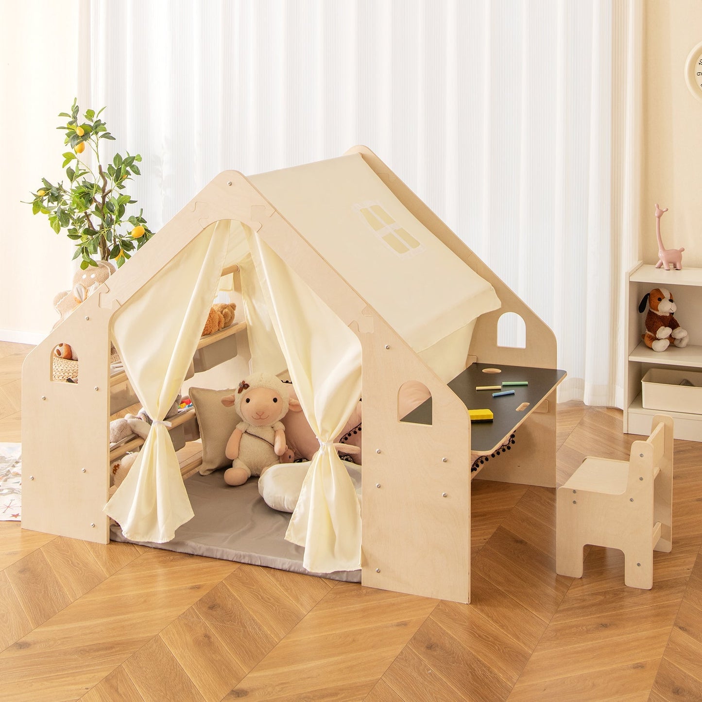 GemGear 6-in-1 Kids Play Tent Playhouse beige canvas wooden frame with chalkboard table on Tampa Home & Garden Store