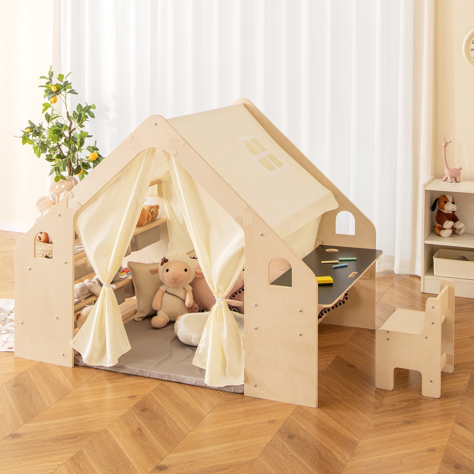 GemGear 6-in-1 Kids Play Tent Playhouse beige canvas wooden frame with chalkboard table on Tampa Home & Garden Store