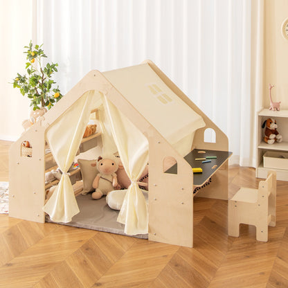GemGear 6-in-1 Kids Play Tent Playhouse beige canvas wooden frame with chalkboard table on Tampa Home & Garden Store