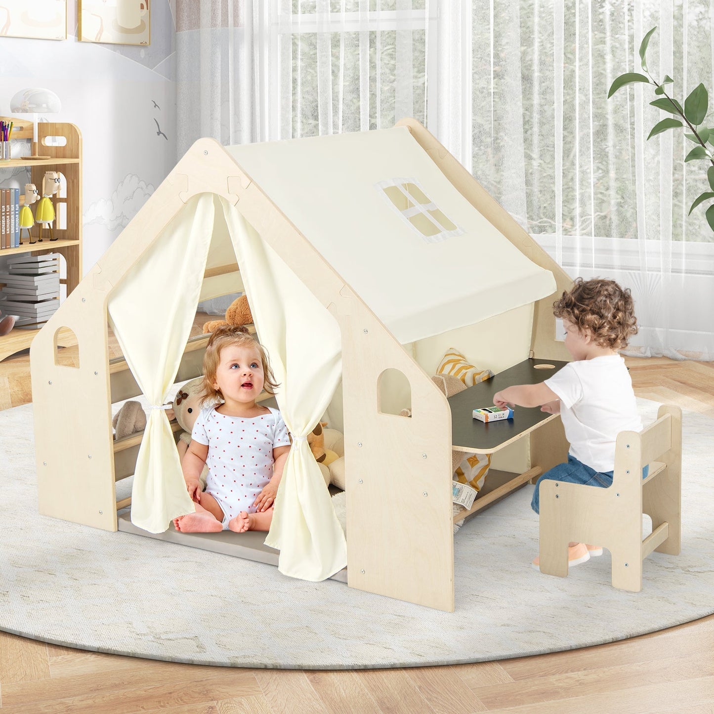 GemGear 6-in-1 Kids Play Tent Playhouse beige canvas with blackboard and storage bins on Tampa Home & Garden Store