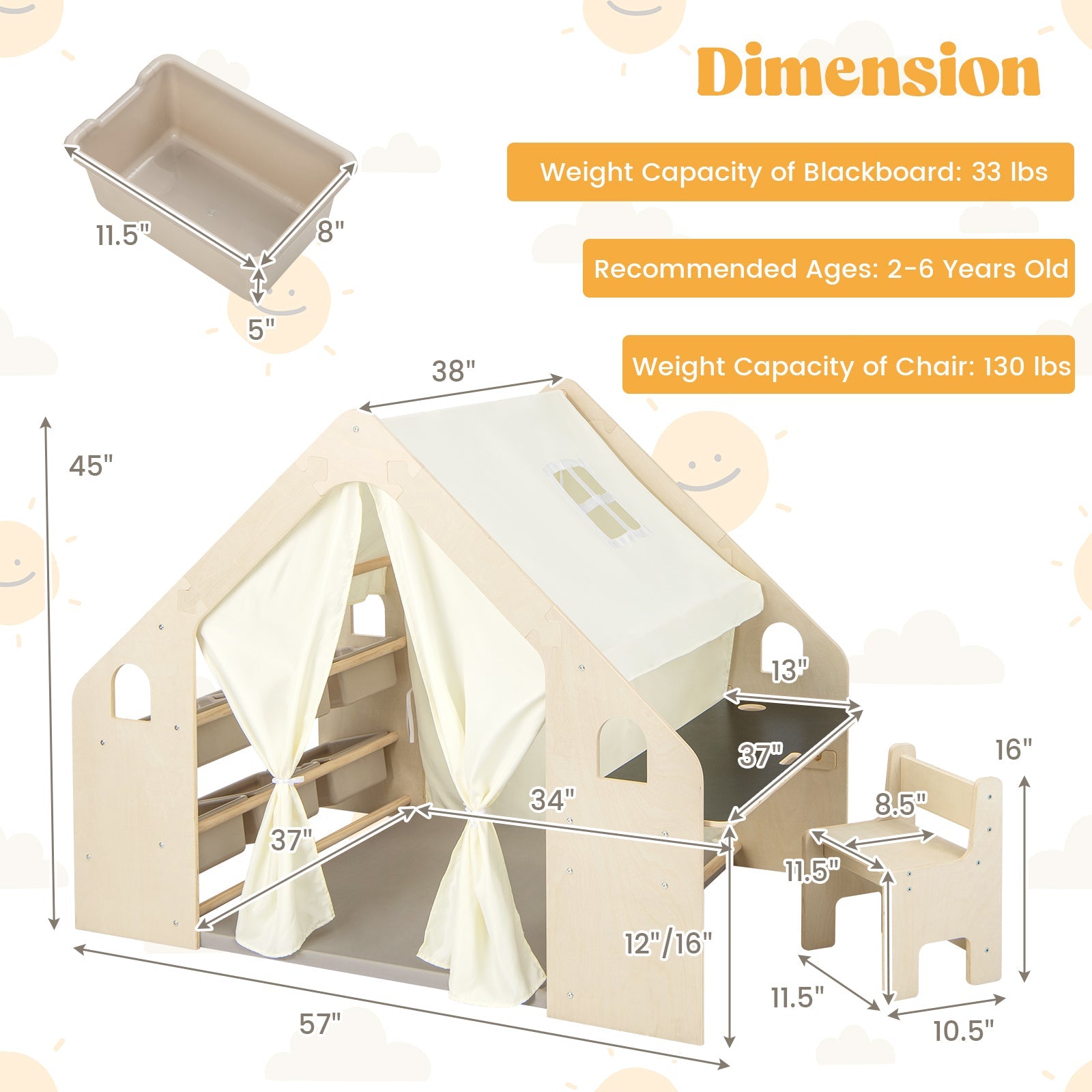 GemGear 6-in-1 kids play tent beige wooden frame with curtains and storage bins on Tampa Home & Garden Store