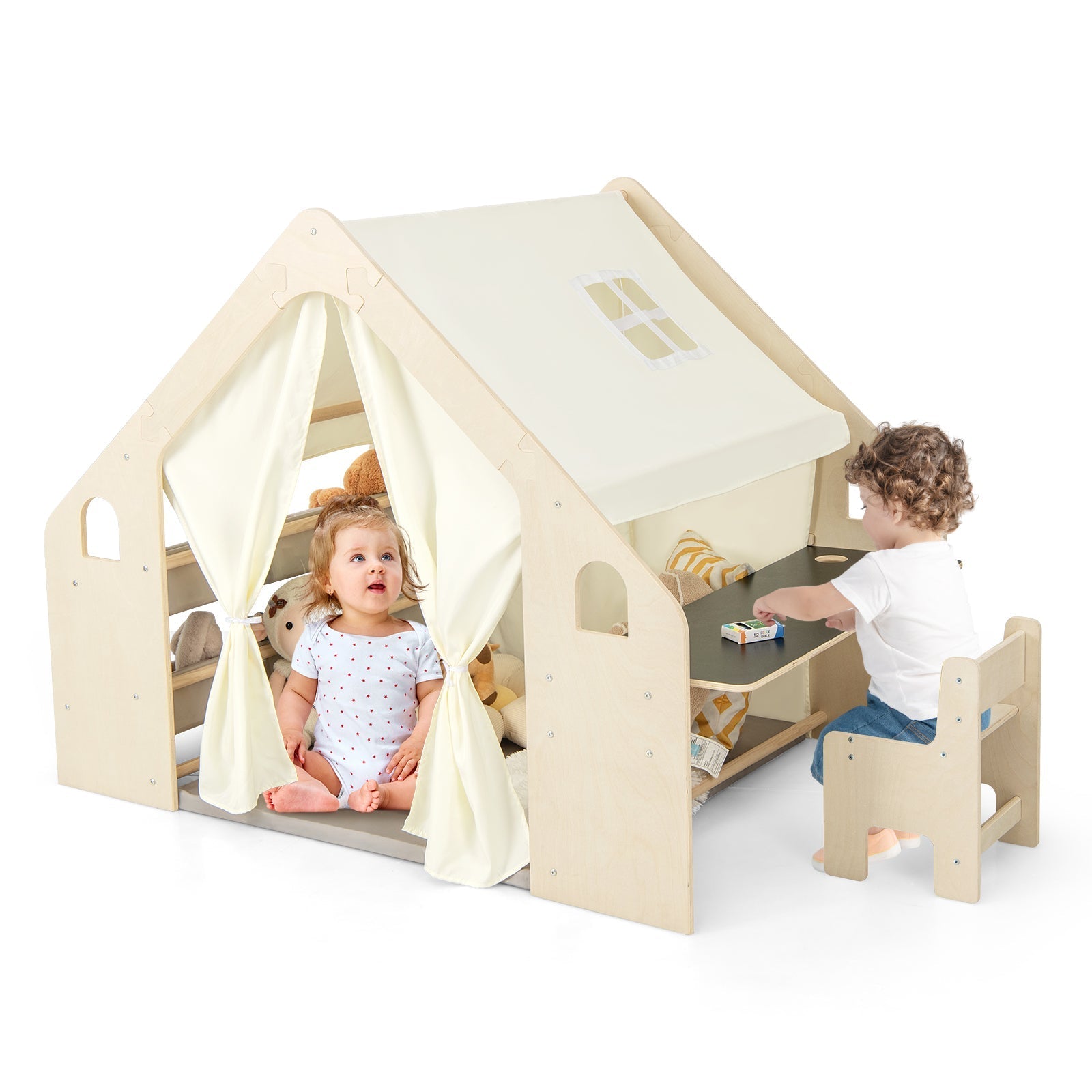 GemGear 6-in-1 kids play tent with beige canvas and wooden frame storage bins on Tampa Home & Garden Store