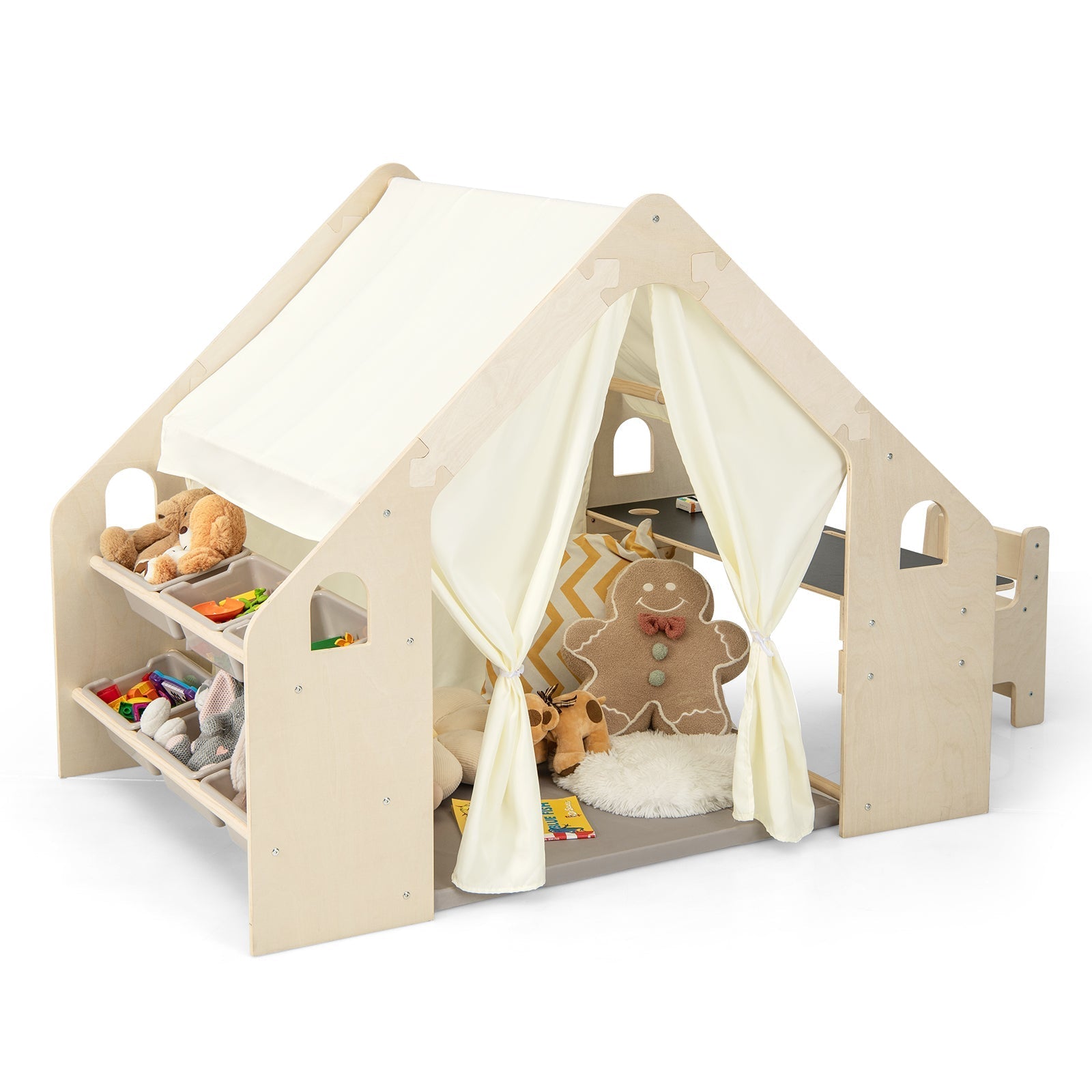 GemGear 6-in-1 kids play tent with beige wood frame, cream canopy, 6 storage bins on Tampa Home & Garden Store