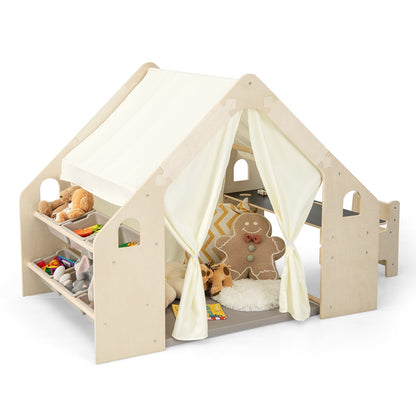 GemGear 6-in-1 kids play tent with beige wood frame, cream canopy, 6 storage bins on Tampa Home & Garden Store