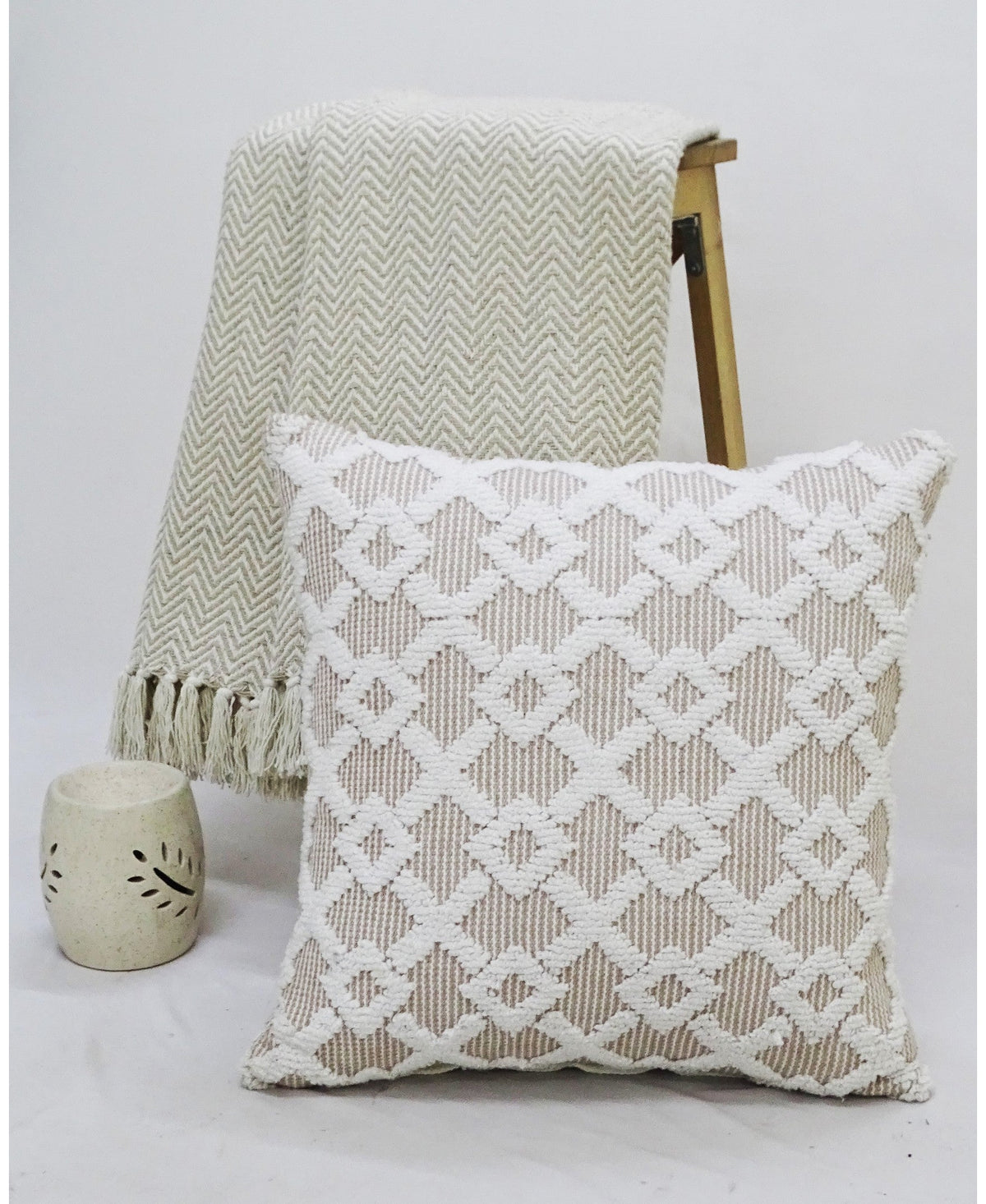 Decorative beige accent throw pillow 20x20, lattice-knit with fringe detail, 2 pcs on Tampa Home & Garden Store