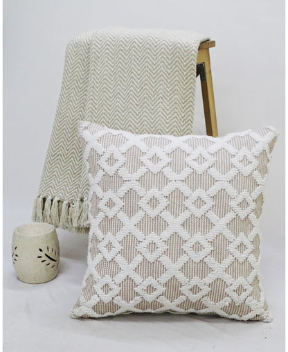 Decorative beige accent throw pillow 20x20, lattice-knit with fringe detail, 2 pcs on Tampa Home & Garden Store