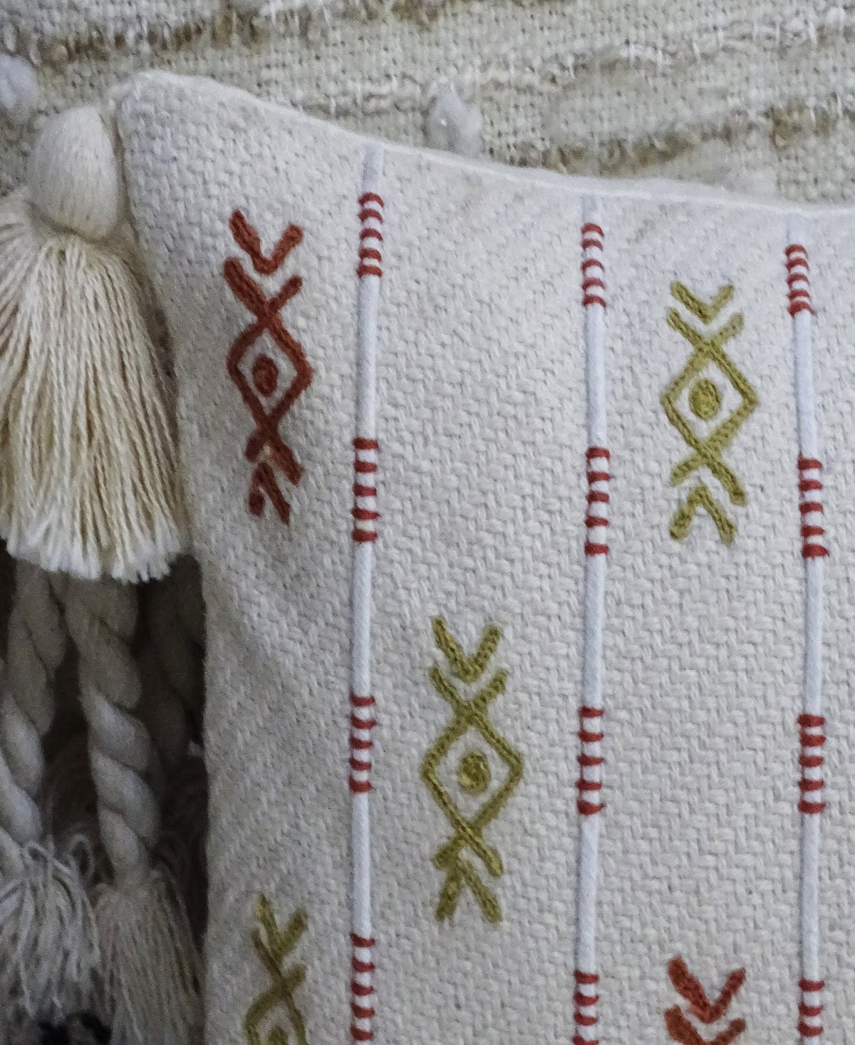 Vibhsa embroidered lumbar pillow 14x24 in ivory with mustard geometric embroidery and tassels on edges on Tampa Home & Garden Store