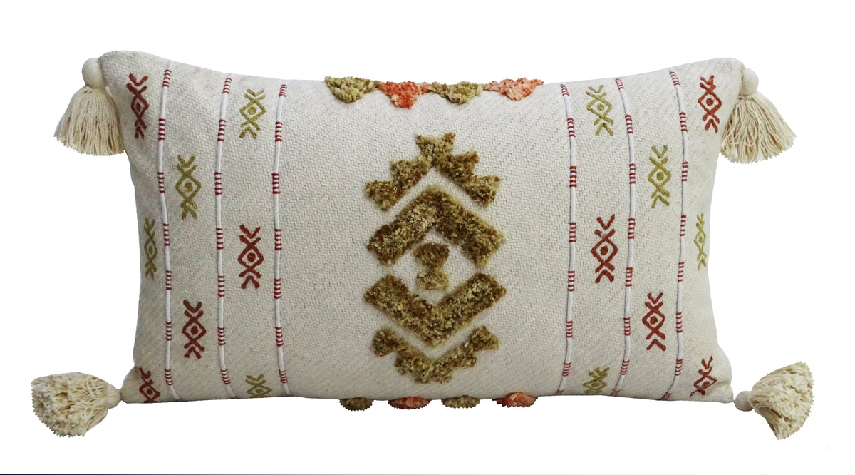 Vibhsa embroidered lumbar pillow 14x24 ivory & mustard with tassels and embroidery on Tampa Home & Garden Store