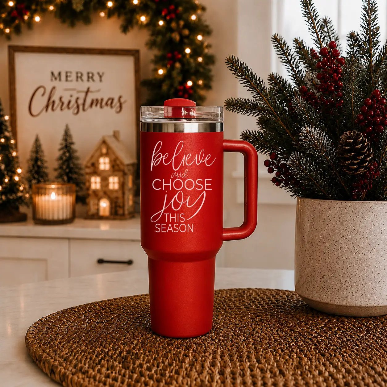 Believe and Joy 40oz Insulated Mug with Handle
