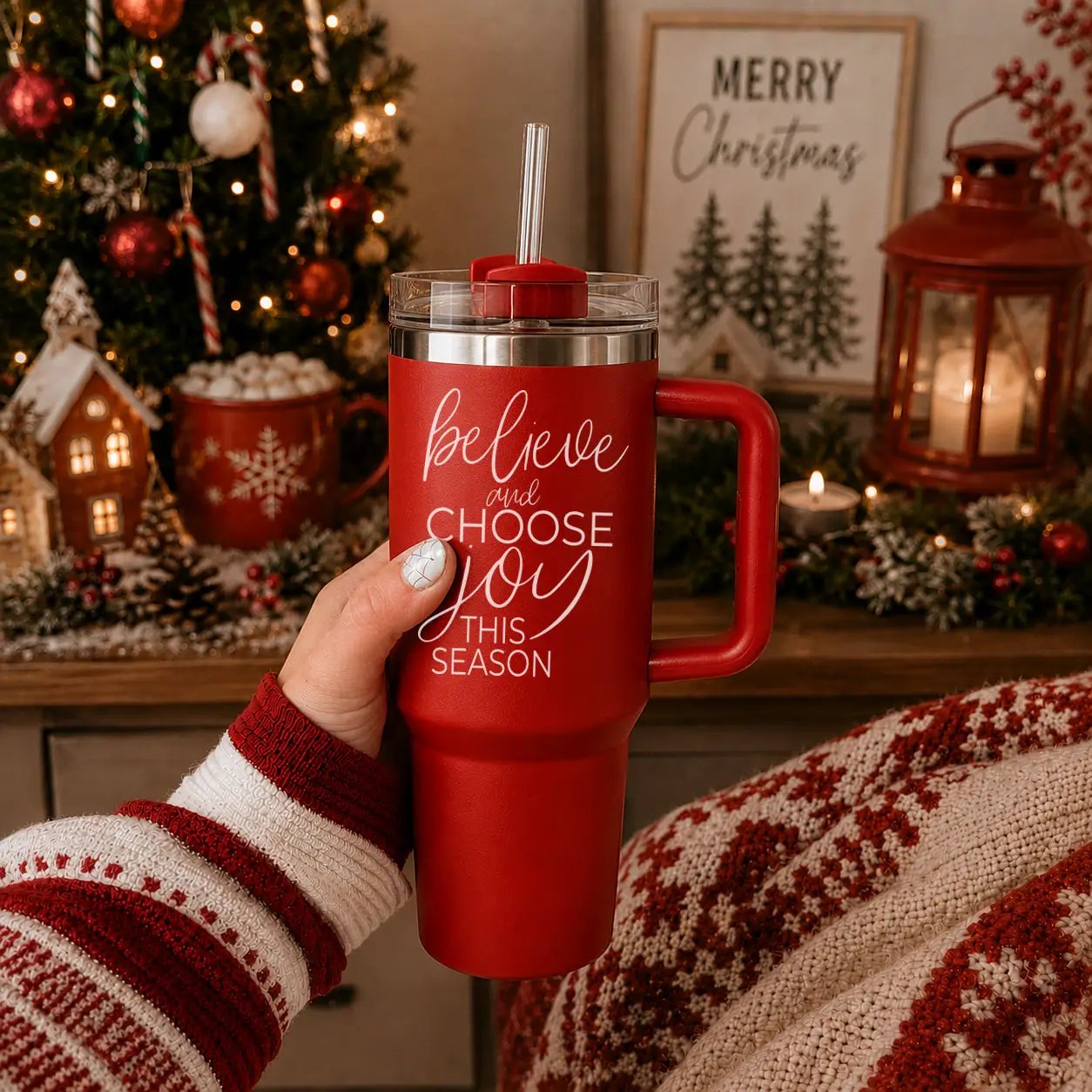 Believe and Joy 40oz Insulated Mug with Handle