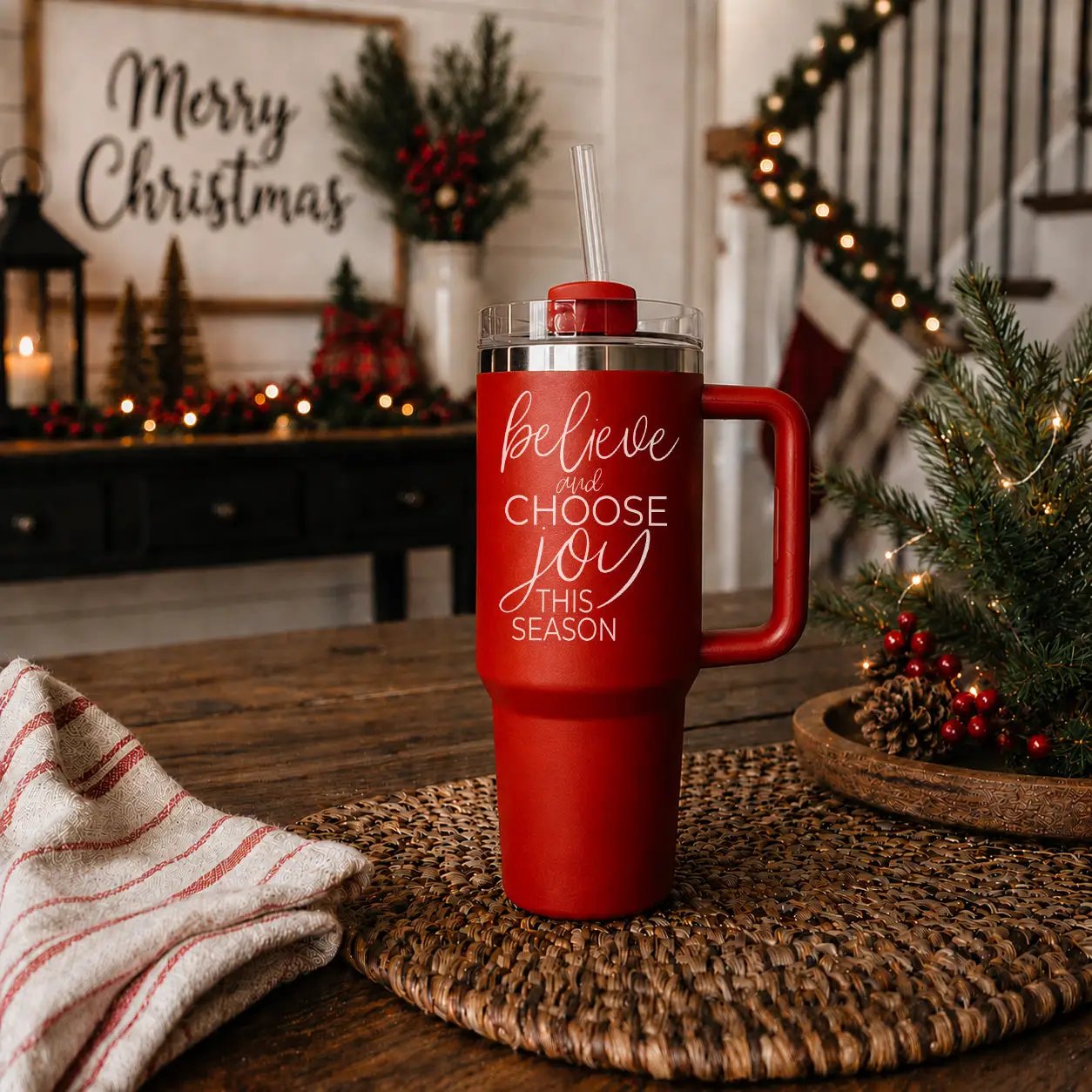 Believe and Joy 40oz Insulated Mug with Handle