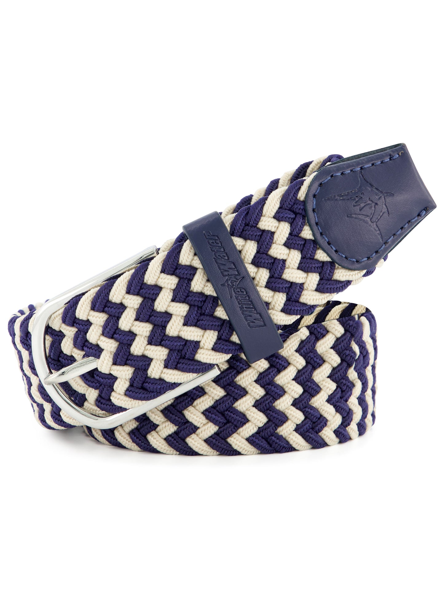 Waterline Braided Belt navy cream woven strap with blue leather end White Water Life brand on Tampa Home & Garden Store