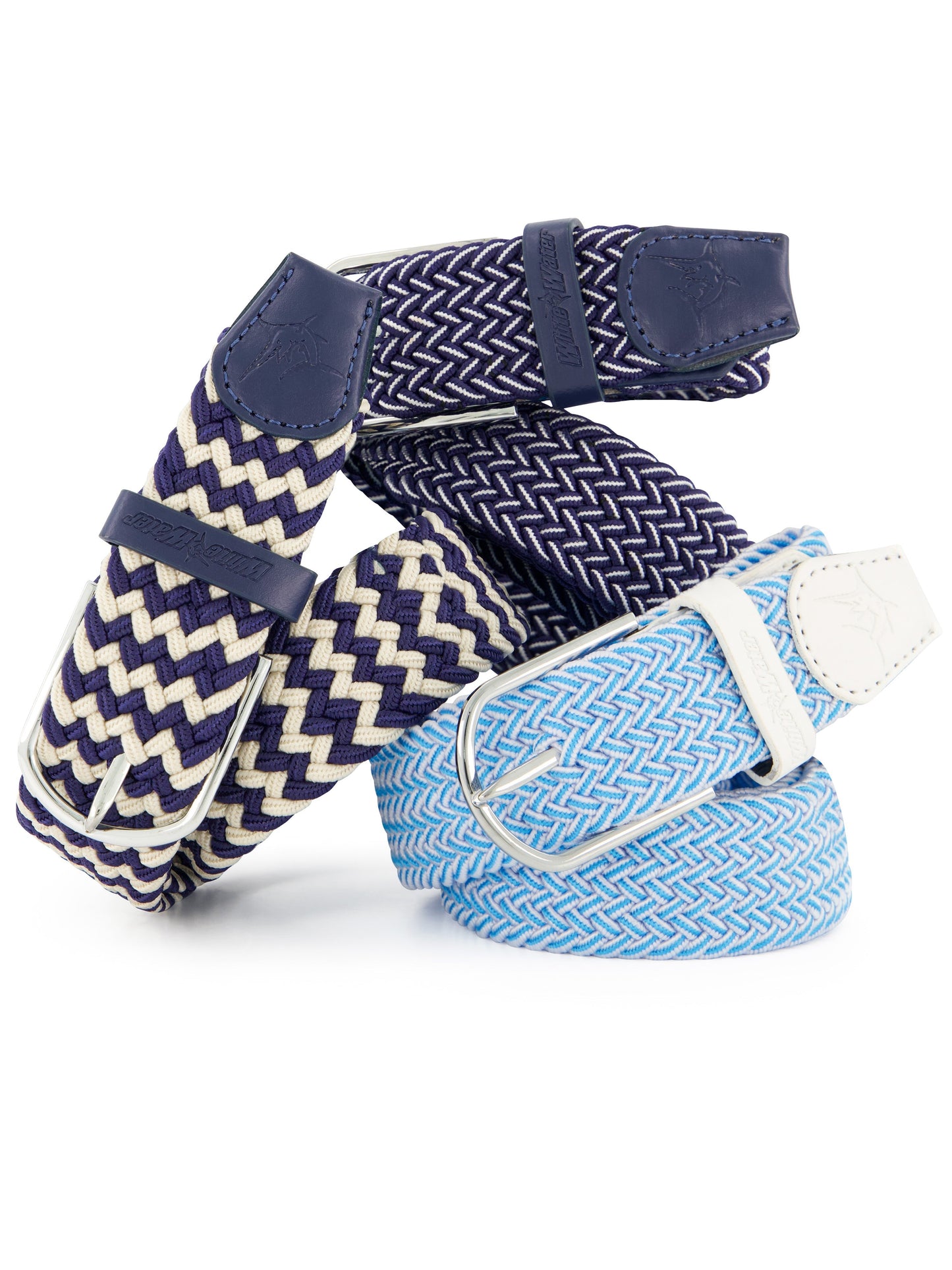 Waterline Braided Belt 3-pack by White Water Life in navy cream and blue with leather tips on Tampa Home & Garden Store