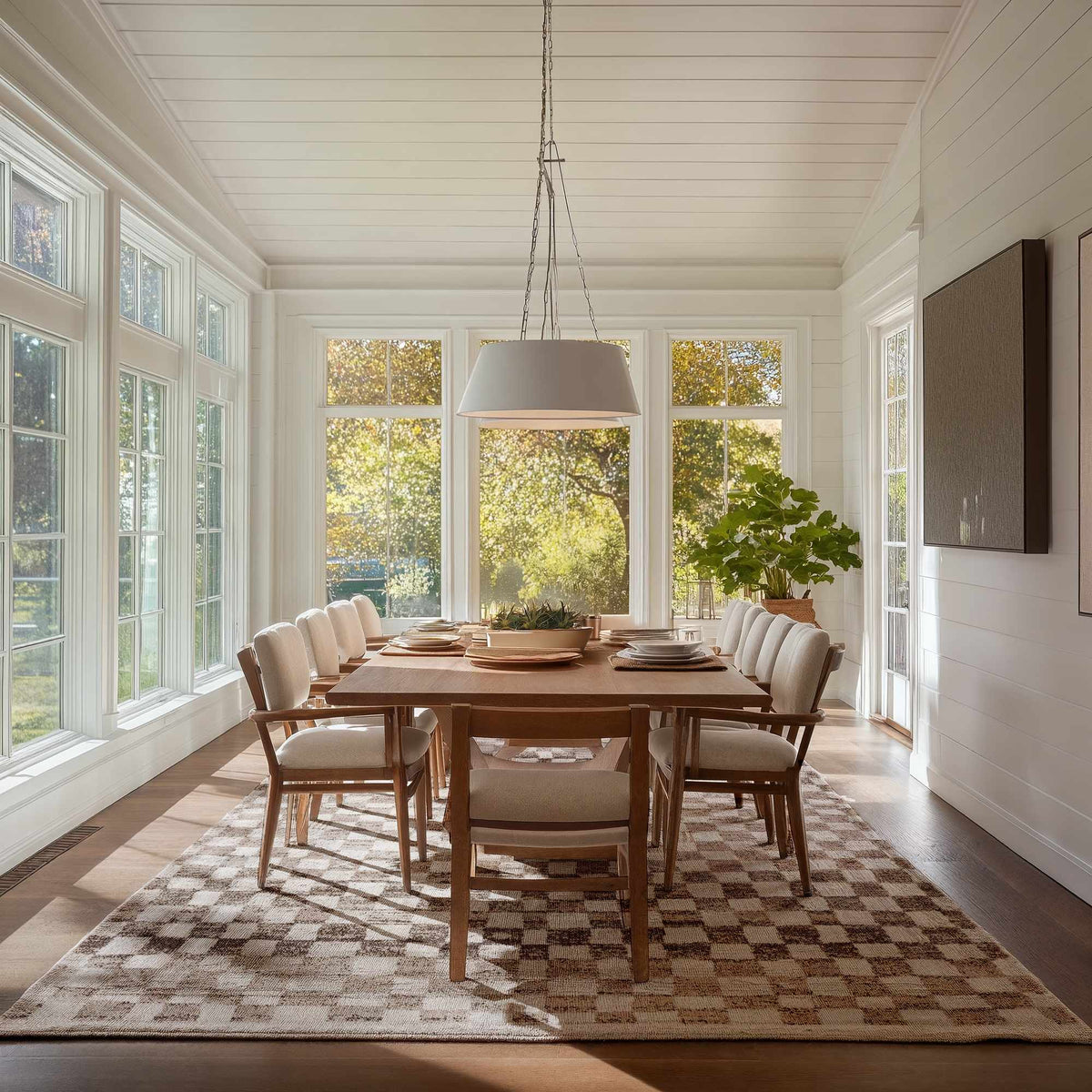 Boutique Rugs Benjy Irregular Checkboard Rug Cream & Gold under dining table in bright white room on Tampa Home & Garden Store