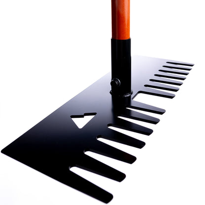 Backslope Tools Bert rake with orange handle and black rake head on Tampa Home & Garden Store