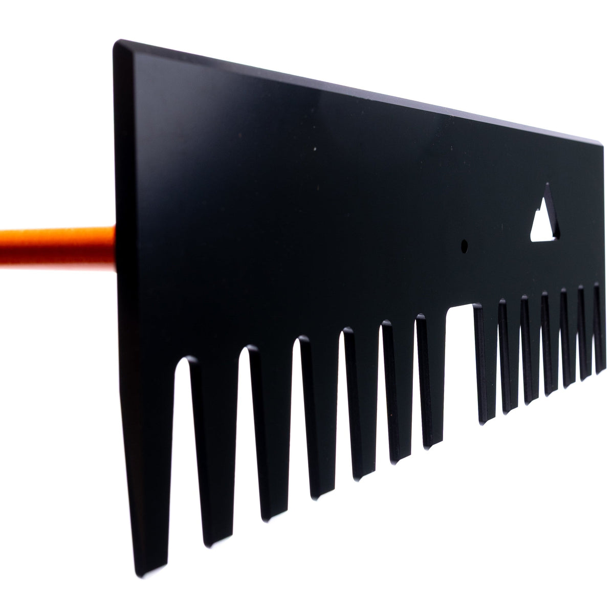 Bert rake by Backslope Tools, black metal rake head with orange handle on Tampa Home & Garden Store