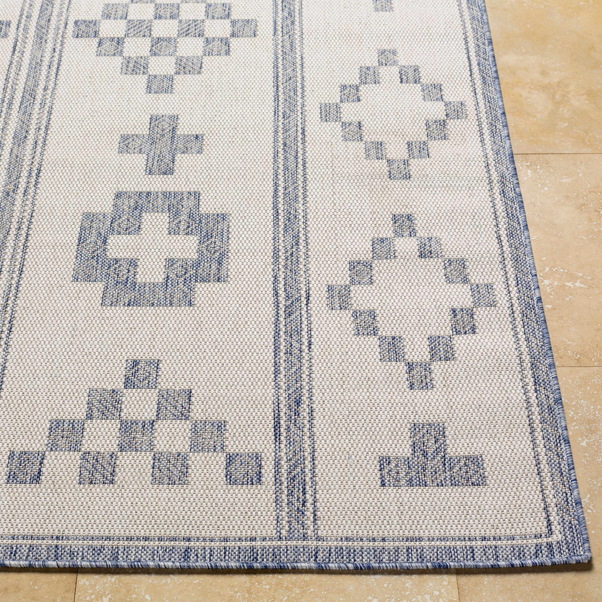 Besao Indoor & Outdoor Rug Blue and cream geometric pattern with border Boutique Rugs on Tampa Home & Garden Store