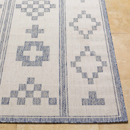 Besao Indoor & Outdoor Rug Blue and cream geometric pattern with border Boutique Rugs on Tampa Home & Garden Store